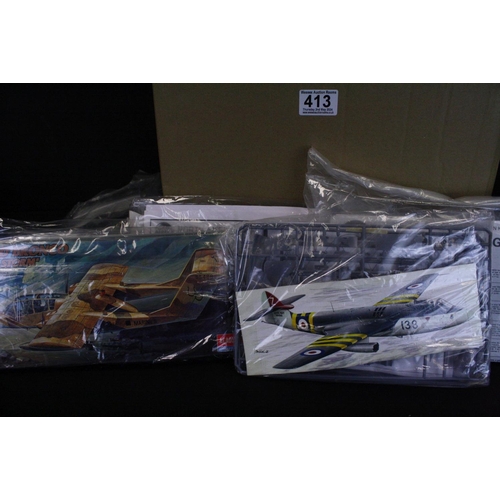 413 - Large collection of unbuilt plastic model kits, all rebagged with instructions and often cut out box... 