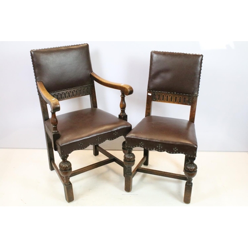 652 - Set of six carved oak dining chairs, including two chairs with arms, upholstered in studded brown le... 