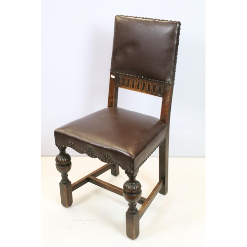 652 - Set of six carved oak dining chairs, including two chairs with arms, upholstered in studded brown le... 