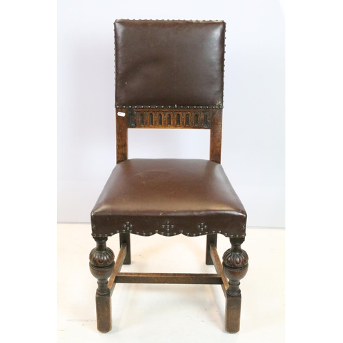 652 - Set of six carved oak dining chairs, including two chairs with arms, upholstered in studded brown le... 