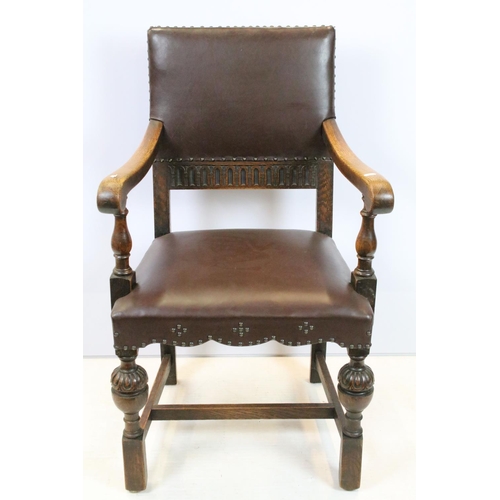 652 - Set of six carved oak dining chairs, including two chairs with arms, upholstered in studded brown le... 