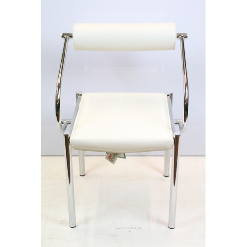 658 - Retro style chair, with tubular chrome frame and white leatherette round cushioned back and white le... 