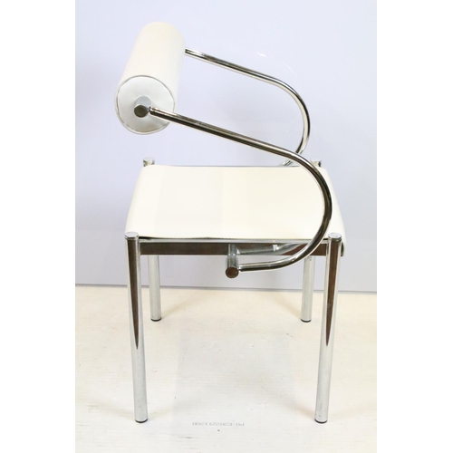 658 - Retro style chair, with tubular chrome frame and white leatherette round cushioned back and white le... 