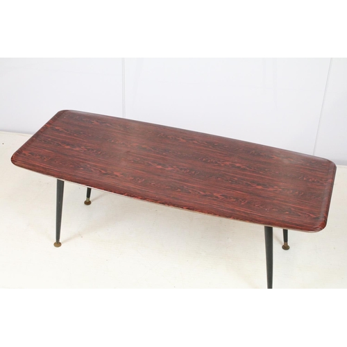 742 - Mid century coffee table, with red and black top, on black tapering legs and metal feet, 40cm high x... 