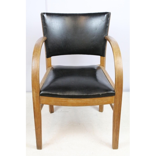 663 - Mid century chair with curved open arms, the back with studded black leatherette panel and black lea... 