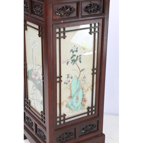 672 - Chinese hardwood carved decorative light, with four glass panels each with painted paper scene, 72cm... 