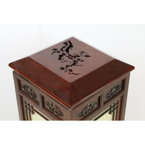 672 - Chinese hardwood carved decorative light, with four glass panels each with painted paper scene, 72cm... 