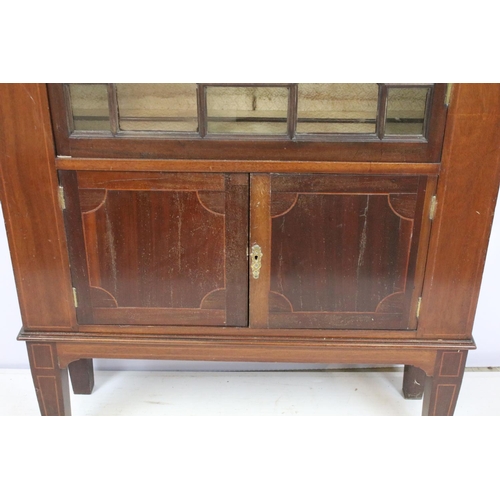 678 - Early 20th century mahogany inlaid display cabinet, with dentil moulded cornice above an astragal gl... 