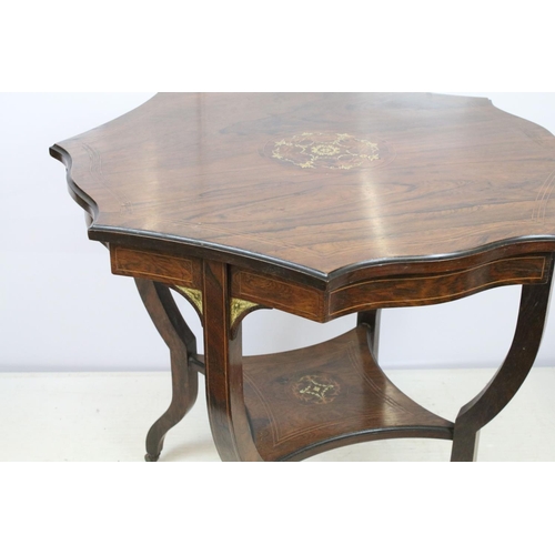 691 - Edwardian rosewood shaped occasional octagonal table, with inlaid decoration, above smaller tier, on... 