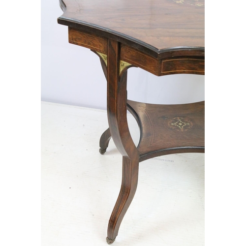 691 - Edwardian rosewood shaped occasional octagonal table, with inlaid decoration, above smaller tier, on... 