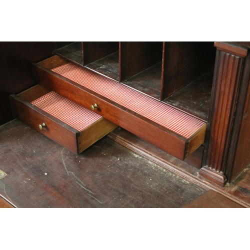 722 - George III mahogany bureau, the fall front opening to reveal an arrangement of cubby holes and drawe... 