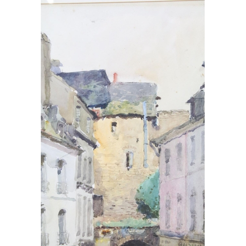 587 - English School, street scene with figure in the foreground, watercolour, signed and dated indistinct... 