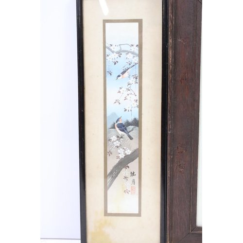 588 - Pair of early 20th century Matsumoto studio watercolours of songbirds, each 30 x 5cm and a Chinese w... 