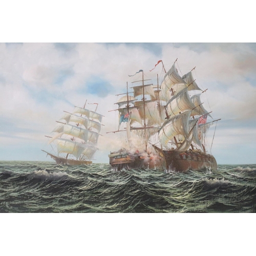 593 - Two oil on canvas by P Davis to include three ships battling at sea, signed lower right, 59 x 90cm, ... 