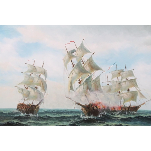 593 - Two oil on canvas by P Davis to include three ships battling at sea, signed lower right, 59 x 90cm, ... 