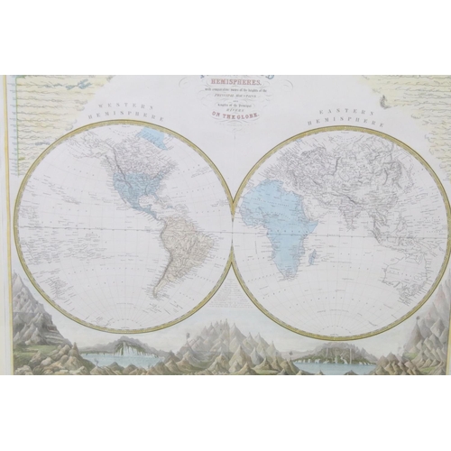 596 - A K Johnston, The World in Hemispheres, hand-coloured engraving, 52 x 61.5cm, J Dower, A View of the... 