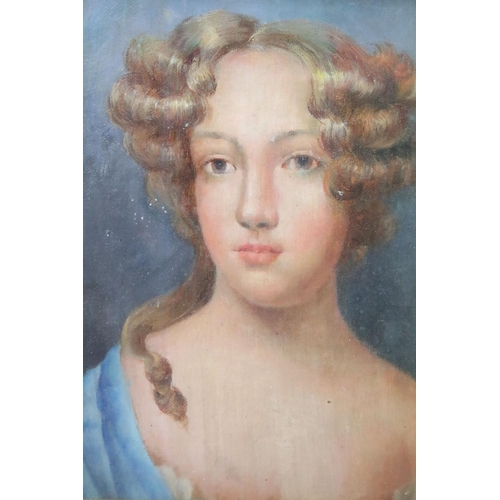 598 - Giltwood pierced framed oil painting portrait of a Regency lady, 22.5 x 18.5cm