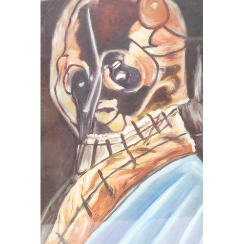 599 - Oil on canvas, gilt framed abstract portrait of a masked figure, 59 x 43.5cm