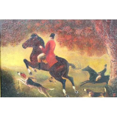 615 - English School, riders and hounds in the hunt, oil on canvas, monogrammed lower right, 26.5 x 33cm, ... 