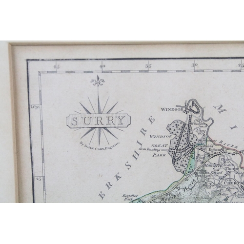 98 - Map of Surrey ( Surrey ) by John Cary, hand-coloured engraving, 22 x 27.5cm, framed and glazed