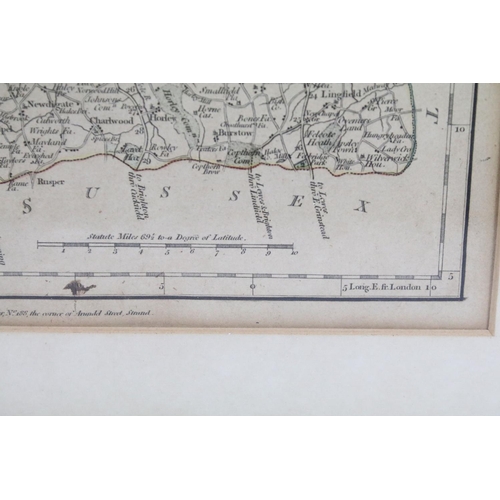 98 - Map of Surrey ( Surrey ) by John Cary, hand-coloured engraving, 22 x 27.5cm, framed and glazed