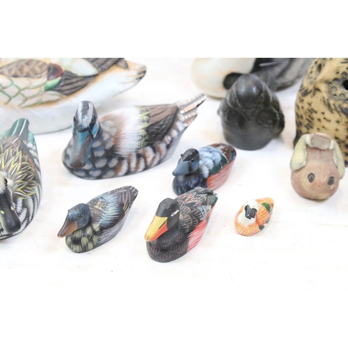 503 - Collection of painted wooden ducks / waterbirds, a Welsh slate bird and a 'Rocking Roosters by Galla... 