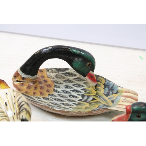 503 - Collection of painted wooden ducks / waterbirds, a Welsh slate bird and a 'Rocking Roosters by Galla... 