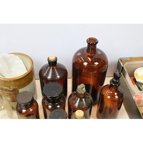 508 - Collection of apothecary / medical related items to include glass bottles, jars, books, first aids s... 