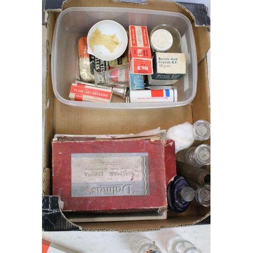 508 - Collection of apothecary / medical related items to include glass bottles, jars, books, first aids s... 