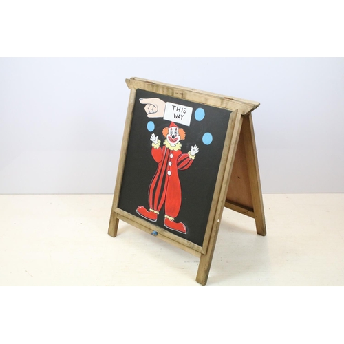 519 - Circus style clown painted sandwich board, ' This Way Clown School ' and ' This Way ' verso, 76 x 69... 