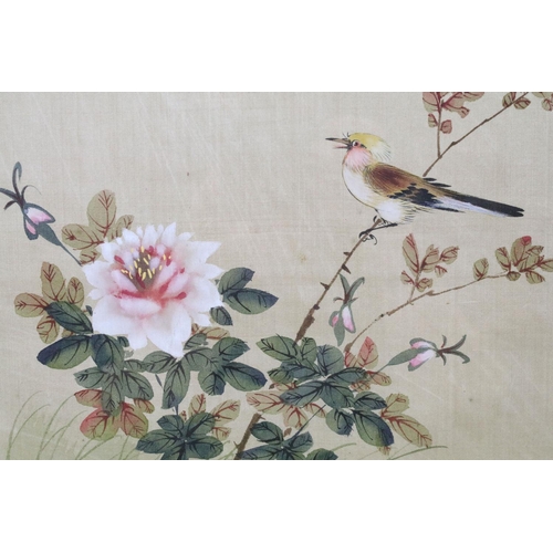 547 - Chinese School, bird on a branch, watercolour on silk, red character seal, a pair, each 20 x 25cm, e... 