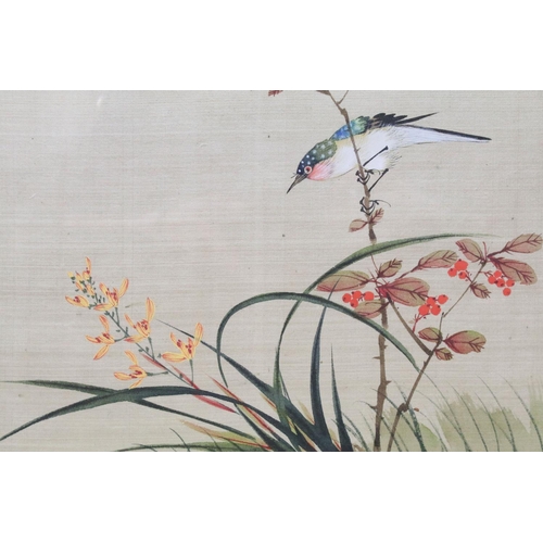 547 - Chinese School, bird on a branch, watercolour on silk, red character seal, a pair, each 20 x 25cm, e... 