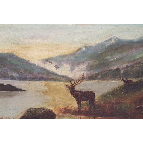 550 - Scottish School, stag by a loch, oil on canvas, indistinctly initialled lower right, 18.5 x 28.5cm, ... 