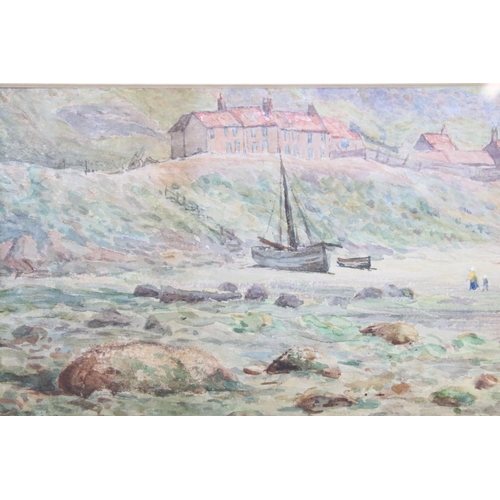 603 - Charles Edward Hollaway (1838 - 1897), watercolour figures and fishing boat on a beach near Whitby Y... 