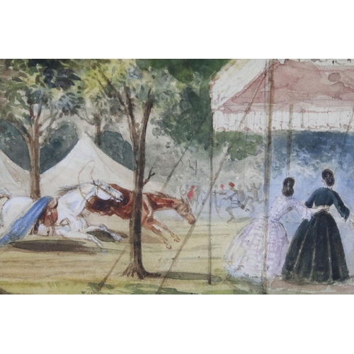 607 - 19th century watercolour Colonial scene with ladies and bolting horses, 14.5 x 26.5cm, framed and gl... 