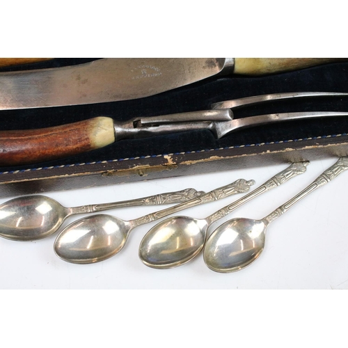 343 - Mixed silver plate to include flatware, baby feeding set, silver plated tray, carving set, cased kni... 