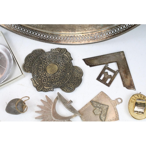 345 - Group of masonic related collectables to include a silver hallmarked medallion, Wiltshire badges, si... 