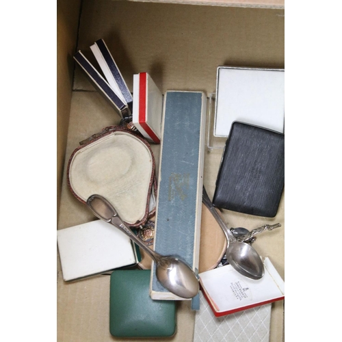 349 - A box of mixed collectables to include three hallmarked silver fob medals, costume jewellery, powder... 