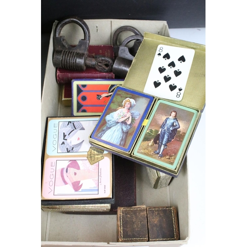 356 - A group of mixed collectables to include playing cards, antique padlocks, clocks, pocket watch....et... 