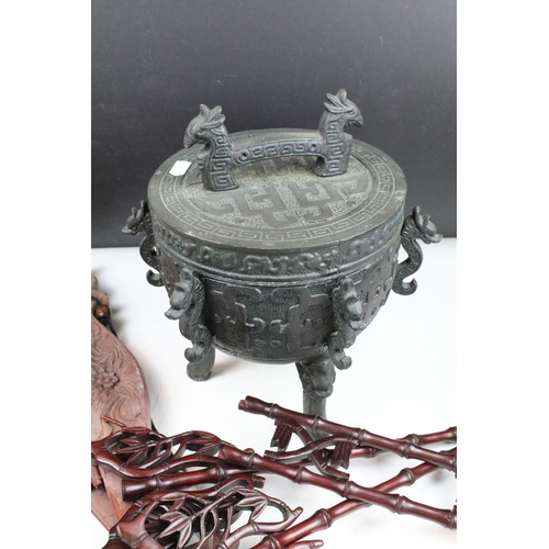 389 - Chinese cast metal ice bucket (approx 27cm high), together with two oriental textiles hangers, brush... 