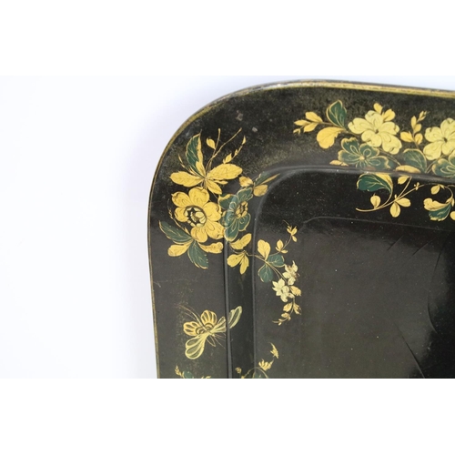 398 - Large 19th century black lacquered papier mache tray of rectangular form with gilt decoration, appro... 