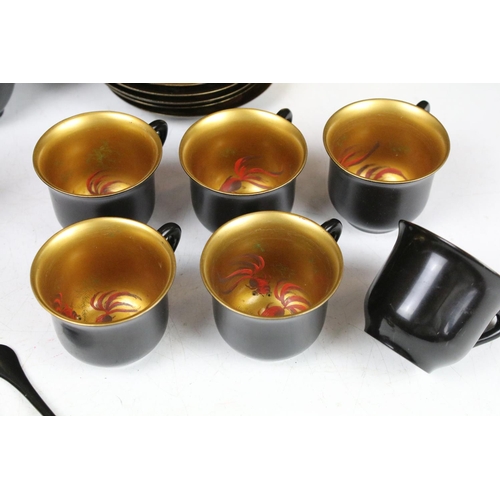 400 - Chinese ' Shin Shao An Loong Kee ' Black Lacquer Coffee Set, all pieces with gilt interiors decorate... 