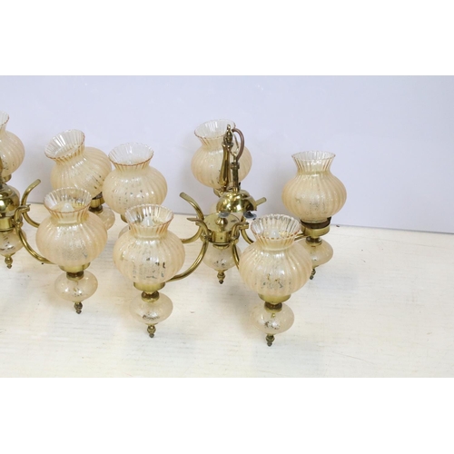 407 - Pair of brass five branch ceiling light fittings with bubbled effect amber glass shades (light fitti... 