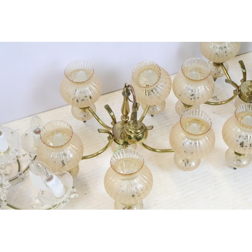 407 - Pair of brass five branch ceiling light fittings with bubbled effect amber glass shades (light fitti... 