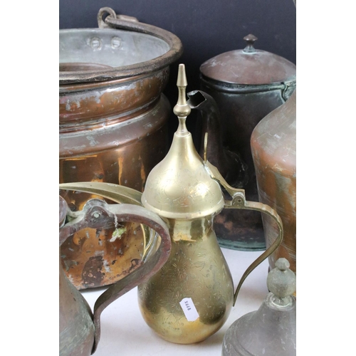 412 - Collection of mixed brass & copper ware, 19th century onwards, to include an antique copper hot wate... 