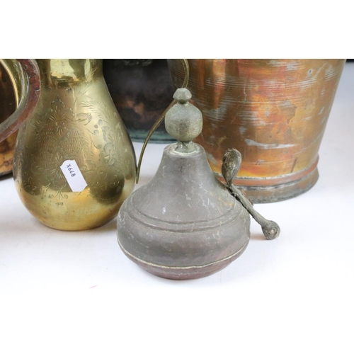 412 - Collection of mixed brass & copper ware, 19th century onwards, to include an antique copper hot wate... 