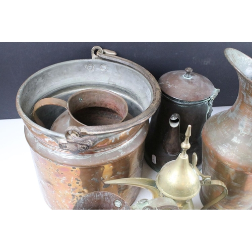 412 - Collection of mixed brass & copper ware, 19th century onwards, to include an antique copper hot wate... 