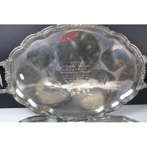 420 - Large early 20th century silver plated serving tray with cast decoration to border (approx 70cm long... 