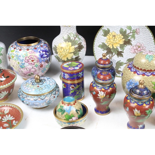 426 - Collection of Chinese cloisonne to include vases, dishes & boxes, featuring two pairs of white groun... 