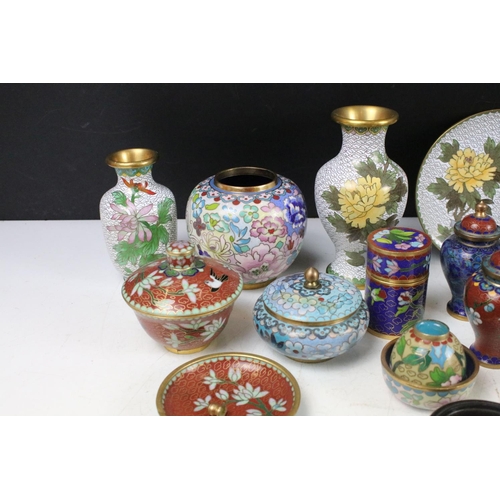 426 - Collection of Chinese cloisonne to include vases, dishes & boxes, featuring two pairs of white groun... 